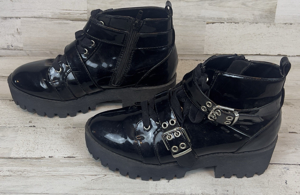 Forever 21 Womens 6 Black Patent Combat Boots Chunky Platform Buckle Goth Y2K